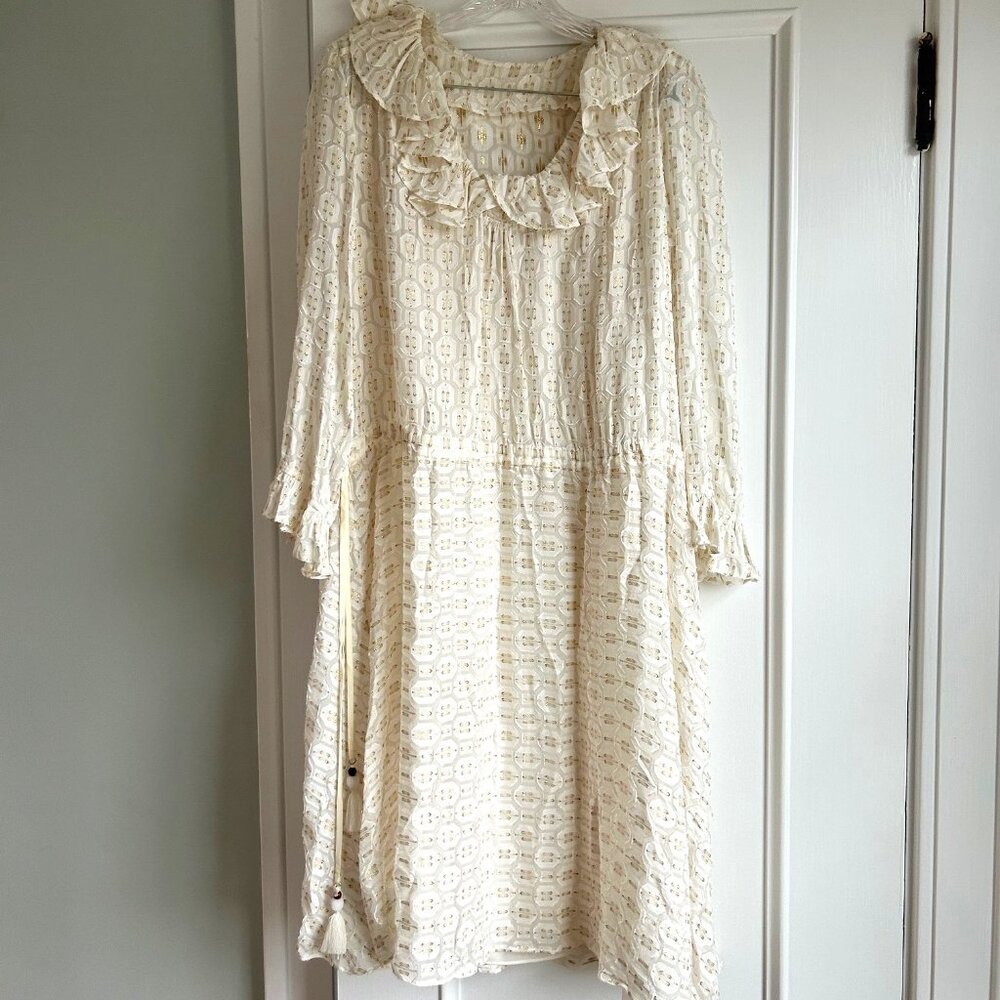 TORY BURCH Jasmine Metallic Ruffle Dress SIZE 8 IVORY